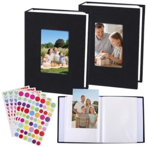 2 Stück Einsteckalbum 10×15 cm,Fotoalbum für 100 Fotos Zum Einstecken,Mini Fotoalbum mit Fenster Photo Album für Familienfotos, Ideal für Reisen, Hochzeiten und Geburtstage (Schwarz/Leinen Cover)