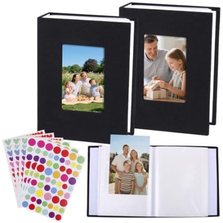 2 Stück Einsteckalbum 10×15 cm,Fotoalbum für 100 Fotos Zum Einstecken,Mini Fotoalbum mit Fenster Photo Album für Familienfotos, Ideal für Reisen, Hochzeiten und Geburtstage (Schwarz/Leinen Cover)