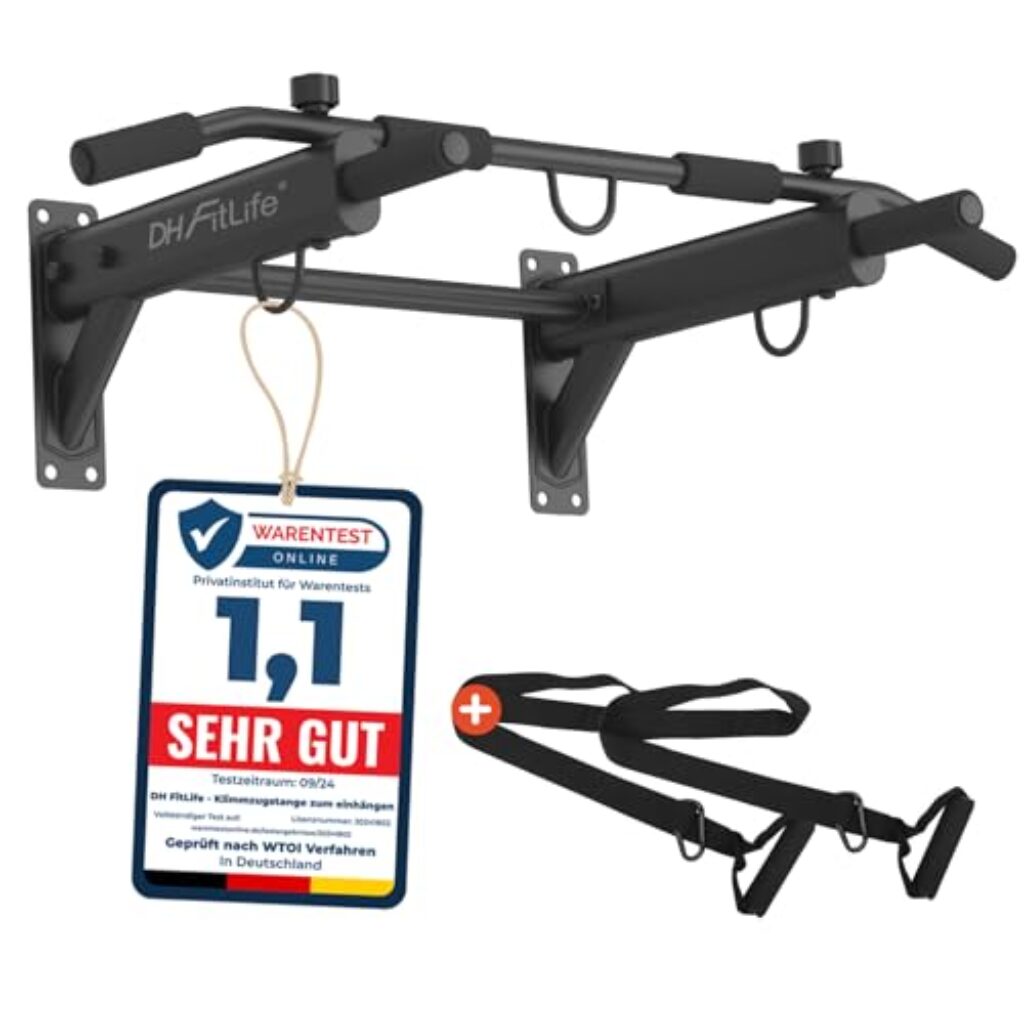 DH FitLife 4in1 Klimmzugstange Wand zur Wandmontage mit Spreizdübel, Multifunktionale Pull-Up Bar für Zuhause bis 200kg | 6 rutschfeste Griffe | 3 Öse für Boxsack & Schlingentrainer | Sicher & Stabil