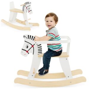 COSTWAY 2 in 1 Zebra Schaukelpferd, Schaukeltier aus Holz mit abnehmbaren Zäunen & Rückenlehne, Schaukelwippe Holzschaukelpferd für Baby ab 3 Jahren, Weiß