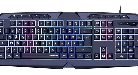 Speedlink LUDICIUM RGB Rainbow Gaming Keyboard – RGB Gaming Tastatur mit Kabel, deutsches Layout QWERTZ, Windows Key Lock, WASD-Switch, 10 Multimediatasten, kabelgebunden, schwarz
