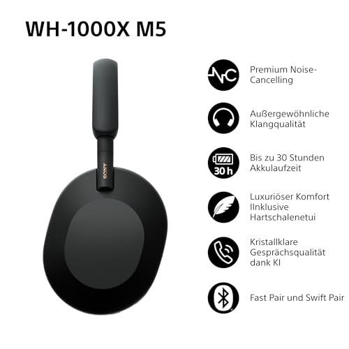 Sony WH-1000XM5 inkl. Hardcase, Kabelloser Premium-Kopfhörer mit Noise Cancelling, Bluetooth, kristallklare Anrufqualität, Hi-Res-Audio, bis zu 30 Std Akkulaufzeit, iOS & Android - Schwarz – Bild 3