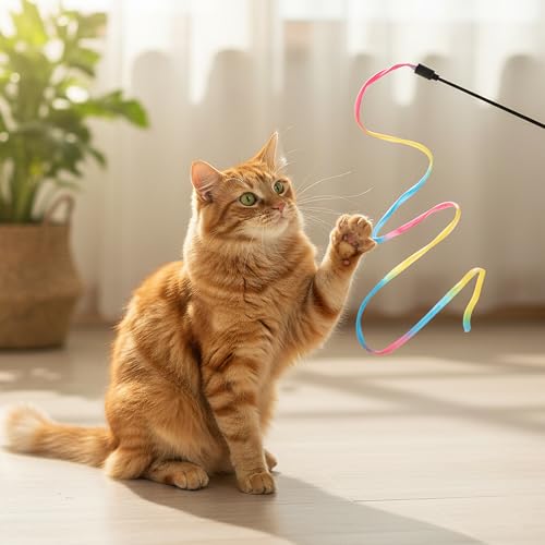 DOPENSPI 3 Stück Katzen Zauberstab, 88cm Katze Wand interaktives Spielzeug Interaktives Katzen Regenbogenstab Schnurspielzeug Interaktiver Zauberstab für Teaser Training Indoor – Bild 4