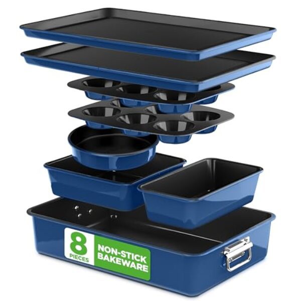 NutriChef Backformen Set 8-teilig – Auflaufform, Brotbackform, Backblech, Muffin Backform, Blau, Kuchenform rund & eckig, stapelbar & antihaft, spülmaschinenfest, ofenfest bis 230°C