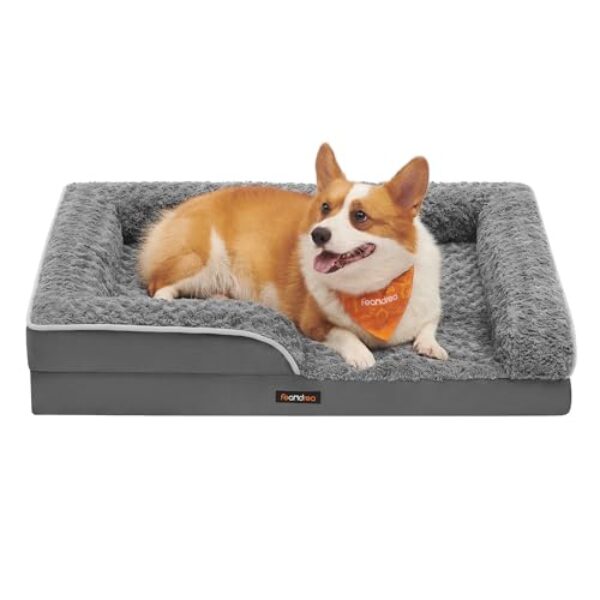 Feandrea Orthopädisches Hundebett für mittelgroße Hunde, wasserdichtes Hundesofa mit abnehmbarem Plüsch-Bezug, 91 x 68 x 16 cm, schiefergrau PGW252G02
