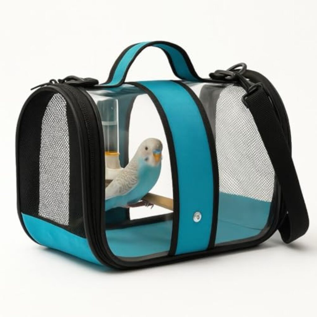 Jungengel Vogel Transporttasche 33x23x22cm mit Holz-Sitzstange und Trinkflasche – Flugzeug geeignete Transportbox für Wellensittiche, Nymphensittiche, Kanarienvögel