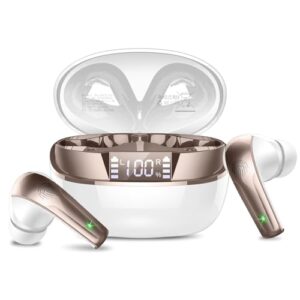 Bluetooth Kopfhörer, Kopfhörer Kabellos Bluetooth 5.4 HiFi Stereo mit ENC Mikrofon, 47Std Spielzeit Ohrhörer mit IP7 Wasserdicht, Mini In Ear Kopfhörer mit LED Anzeige für iOS/Android, Weißgold