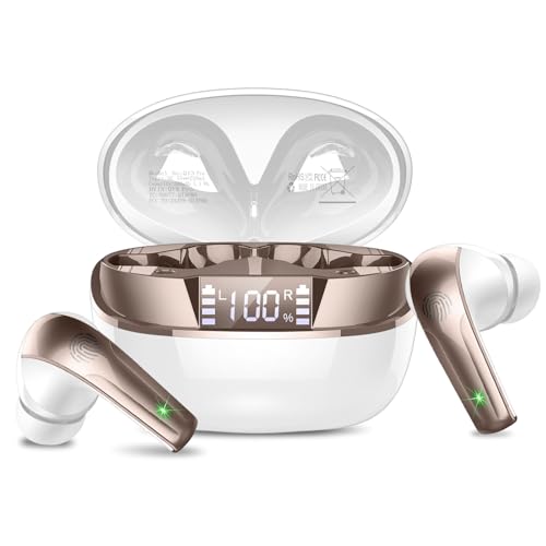 Bluetooth Kopfhörer, Kopfhörer Kabellos Bluetooth 5.4 HiFi Stereo mit ENC Mikrofon, 47Std Spielzeit Ohrhörer mit IP7 Wasserdicht, Mini In Ear Kopfhörer mit LED Anzeige für iOS/Android, Weißgold