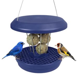 SWISSINNO Vogelfutterhaus zum Aufhängen – Lucerne SMART Birds – Meisenknödelhalter mit Auffangschale – Futterstation Rattensicher – Vogelfutterspender für 7 Meisenknödel – Indigo