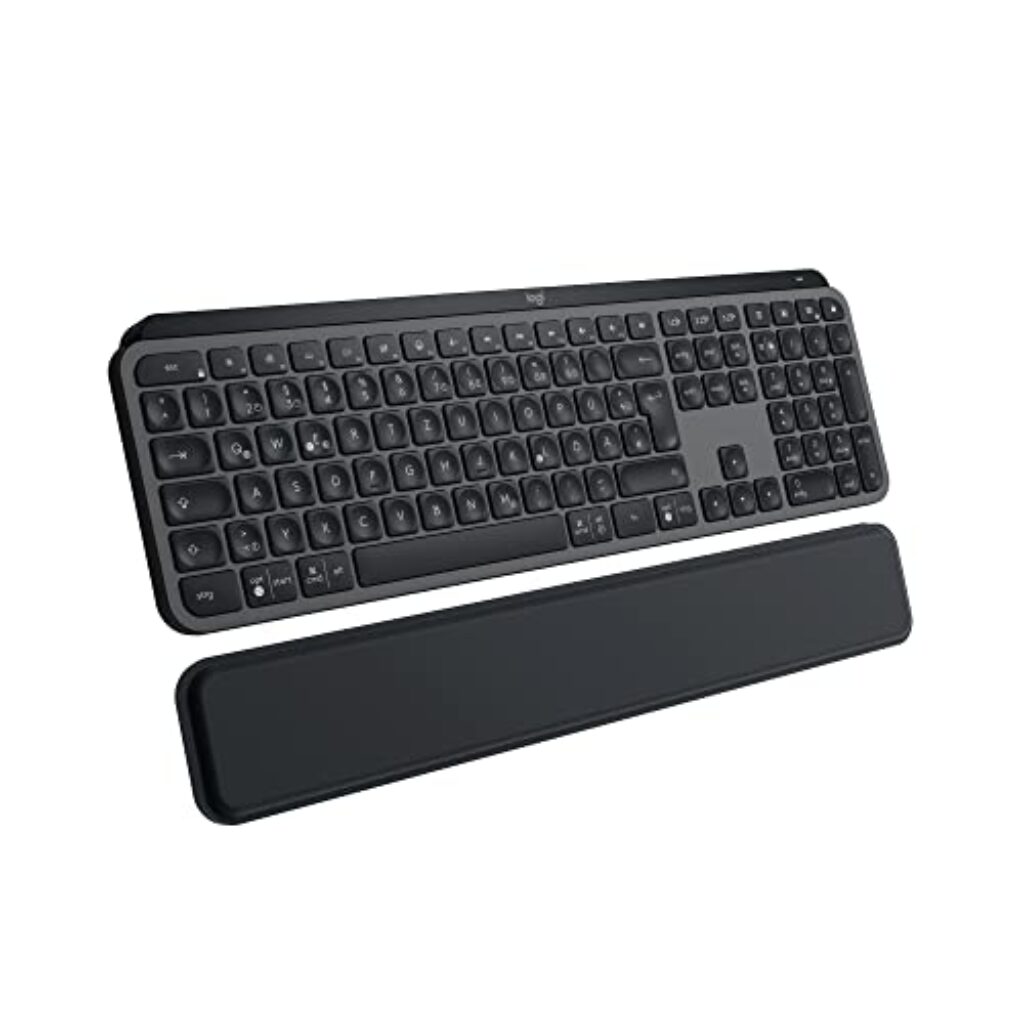 Logitech MX Keys S Plus kabellose Tastatur Uns MX Palm Rest Low Profile, Fluid Quiet Typing, Programmable Keys, Backlighting, Bluetooth, USB C, Windows PC, Linux, Chrome, Mac, Deutsches QWERTZ – Grau