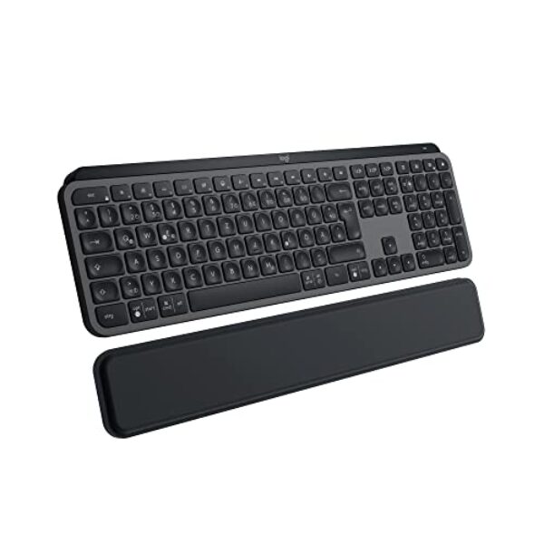 Logitech MX Keys S Plus kabellose Tastatur Uns MX Palm Rest Low Profile, Fluid Quiet Typing, Programmable Keys, Backlighting, Bluetooth, USB C, Windows PC, Linux, Chrome, Mac, Deutsches QWERTZ – Grau
