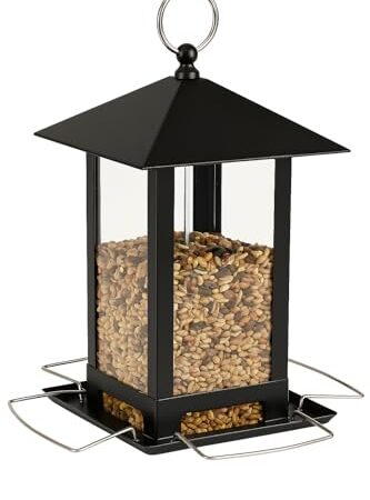 Vogelfutterspender – Kimi Schwarz – 22 cm – Für Körner – Metall & Plexiglas – Verteilblock – Flamingo