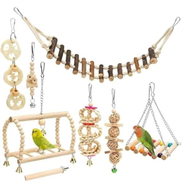 Zixrmor Holz Vogelkäfig wellensittich,Papageienvogelkauen Naturholz Hängende Schwingen und Springen Wellensittich zubehör, 8 Stück Vogel Spielzeug (Geometrisch)