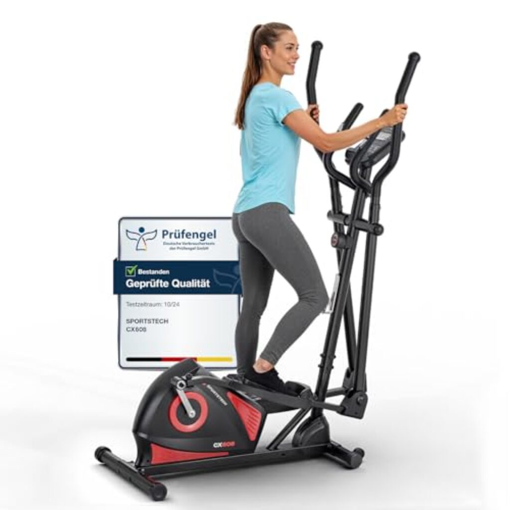 Sportstech Crosstrainer für Zuhause, extrem leiser magnetischer Ellipsentrainer, 8 Widerstandsstufen, 10 kg Schwungrad, LCD-Display, bis 120 kg, Bluetooth, App-Steuerung und Pulssensor, CX608