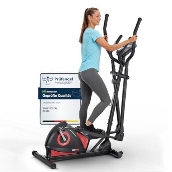 Sportstech Crosstrainer für Zuhause, extrem leiser magnetischer Ellipsentrainer, 8 Widerstandsstufen, 10 kg Schwungrad, LCD-Display, bis 120 kg, Bluetooth, App-Steuerung und Pulssensor, CX608