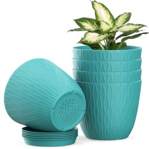 Homeuouz 5 Packs Blumentopf mit Bewässerungssystem, 15.3cm Pflanzentopf mit Bewässerungssystem, Übertopf mit Untersetzer, Blumentöpfe Set Ideal für Innen und Balkongärten, Dunkelgrün