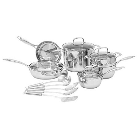 Amazon Basics Kochgeschirr-Set, Edelstahl, 15Stück, Töpfe, Pfannen und Kochutensilien