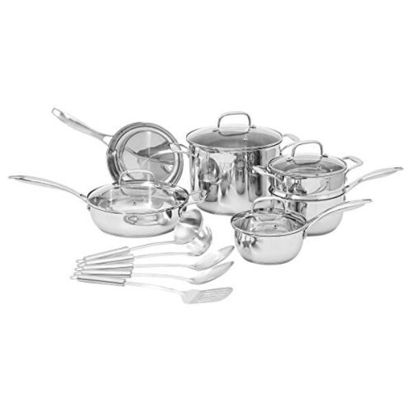Amazon Basics Kochgeschirr-Set, Edelstahl, 15Stück, Töpfe, Pfannen und Kochutensilien