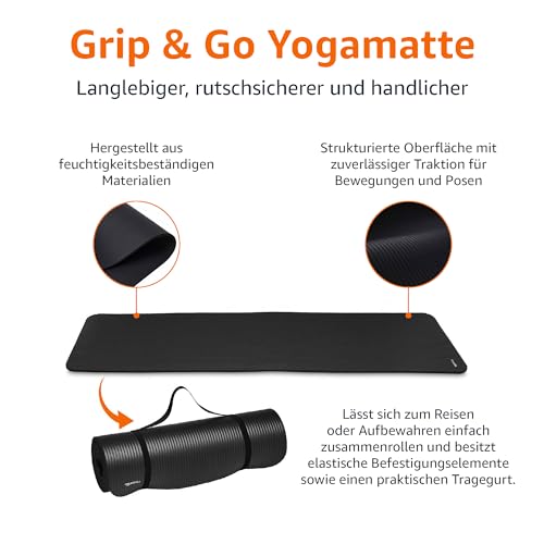 Amazon Basics Yogamatte, rutschfest, extra dick, Pilates-Gymnastikmatte, 183 x 61 x 1 cm, Schwarz – Bild 4