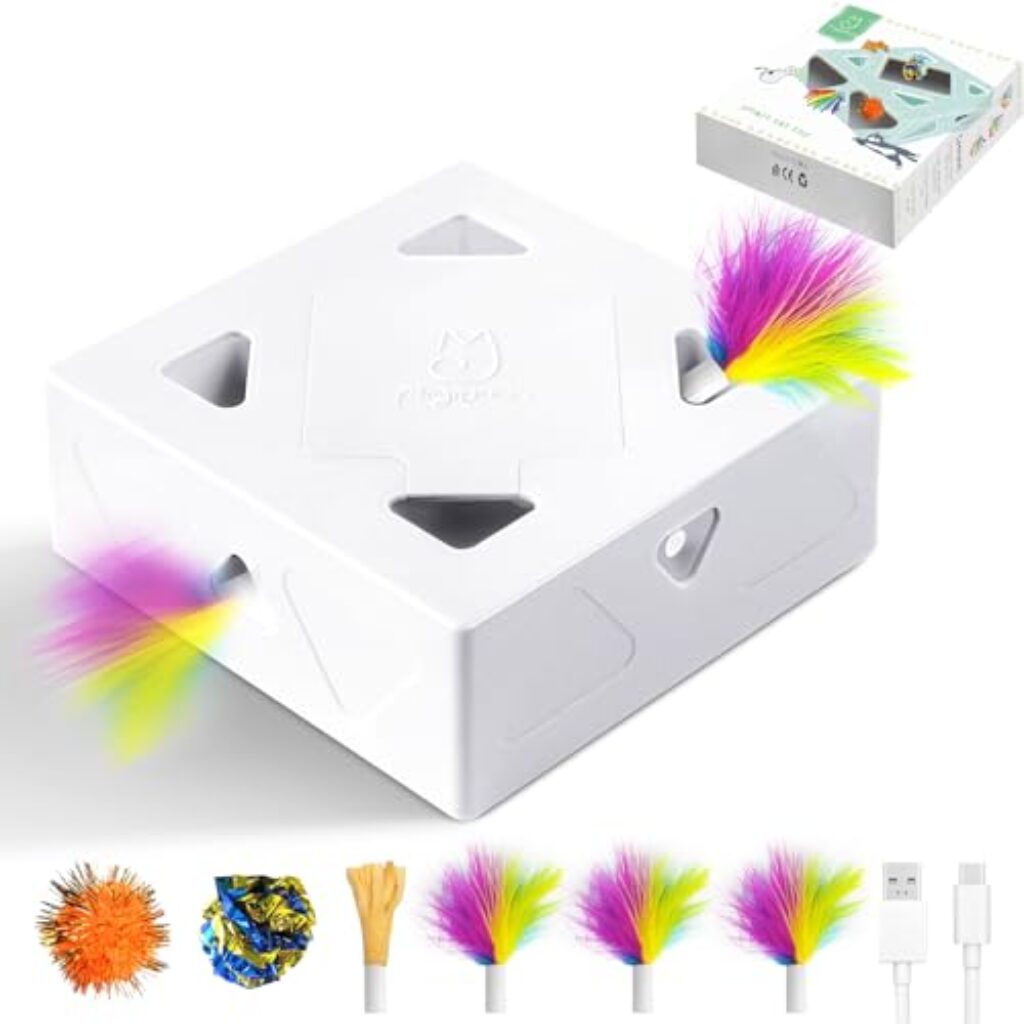 Migipaws Katzenspielzeug, interaktiv elektrisch 7-Loch-Mäuse MigiBox, Intelligentes Federspielzeug,Pappspielzeug für gelangweilte Katzen, wiederaufladbar, 4St Zubehör (Version 2)
