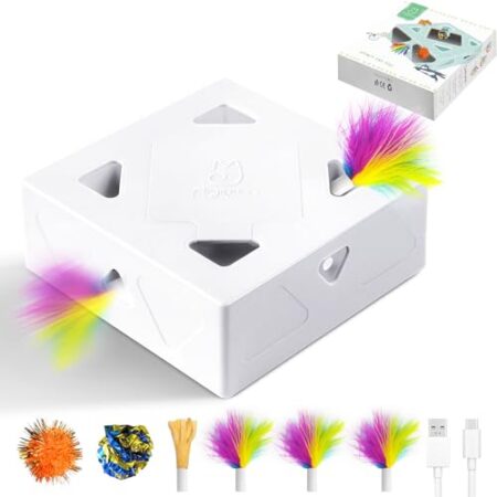 Migipaws Katzenspielzeug, interaktiv elektrisch 7-Loch-Mäuse MigiBox, Intelligentes Federspielzeug,Pappspielzeug für gelangweilte Katzen, wiederaufladbar, 4St Zubehör (Version 2)