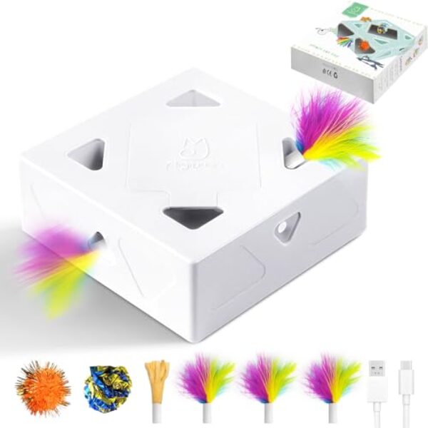 Migipaws Katzenspielzeug, interaktiv elektrisch 7-Loch-Mäuse MigiBox, Intelligentes Federspielzeug,Pappspielzeug für gelangweilte Katzen, wiederaufladbar, 4St Zubehör (Version 2)