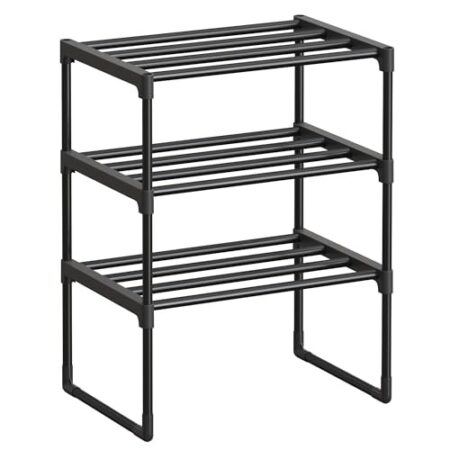 SONGMICS Schuhregal 3 Ebenen, Schuhständer Metall, Schuhaufbewahrung, Schuh-Organizer, aufrecht oder umgedreht, für 4-8 Paar Schuhe, stapelbar, Flur, 30 x 42,5 x 54,5 cm, schwar...