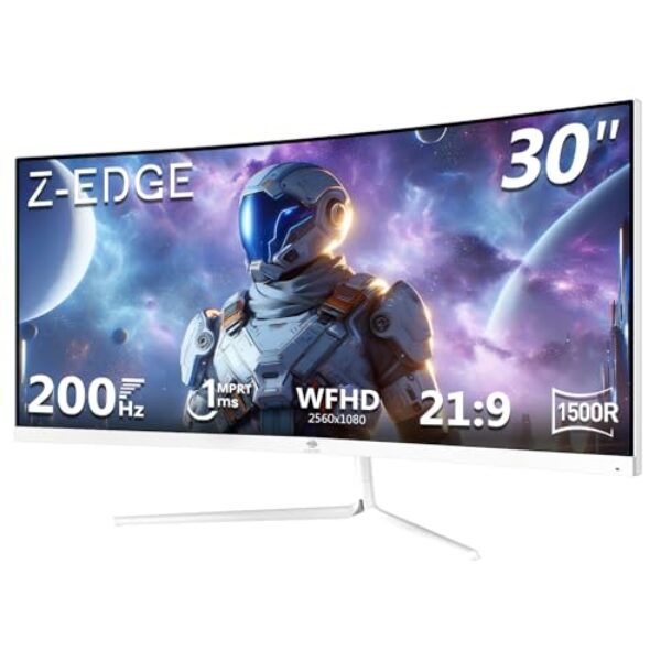Z-Edge 30 Zoll Ultrawide Curved Gaming Monitor 200Hz (DP) 165Hz (HDMI) 1ms MPRT, 2560×1080 VA Panel, 21:9 R1500 Curved Bildschirm, 99% sRGB, 300cd/m² Helligkeit, FreeSync, HDMI & DisplayPort, Weiß