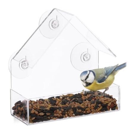Relaxdays Fenster-Vogelfutterhaus, für Wildvögel, 3 Saugnäpfe, Futterstation mit Dach, HBT: 15 x 15 x 7 cm, transparent, Acrylglas, PVC, Standard
