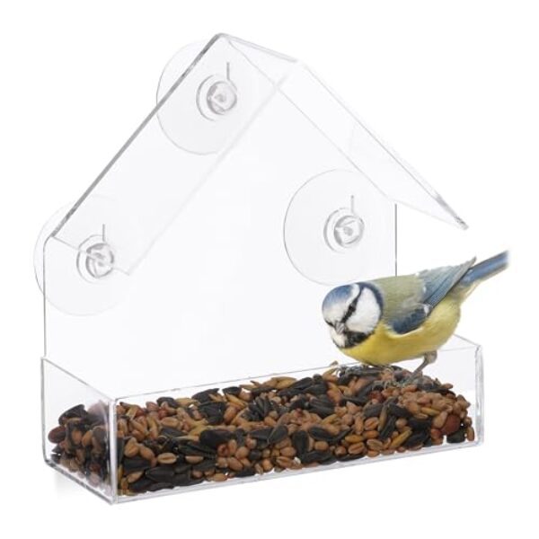 Relaxdays Fenster-Vogelfutterhaus, für Wildvögel, 3 Saugnäpfe, Futterstation mit Dach, HBT: 15 x 15 x 7 cm, transparent, Acrylglas, PVC, Standard