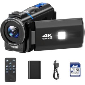 Videokamera 4K, 48MP Camcorder Vlogging Camera für YouTube, 16X Digitalzoom Nachtsicht Vlog Kamera, 3″ 270° drehbarer Touchscreen Webcam Video Camera 4K mit 32GB SD-Karte, Fülllicht, Fernbedienung