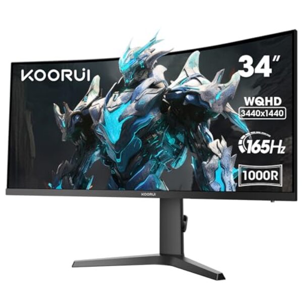 KOORUI 34E6UC 34 Zoll Ultrawide Curved Gaming Monitor, PC Bildschirm 165Hz, 1MS HDR 400, 1000R, UWQHD 3440×1440, Adaptive Sync, 2xHDMI & Display Port, VESA 75x75mm, DCI-P3 90% Höhenverstellbar