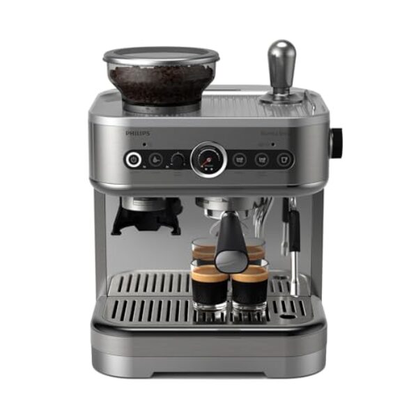 Philips Barista Brew Halbautomatische Espressomaschine – Einfacher & doppelter Espresso + Americano Taste, 250g Bohnenbehälter, Intuitive Führung, Kalibriertes Stampfen, Metall Silber (PSA3218/01)