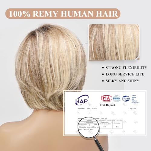 EMMOR Handgebundene Lace-Front-Perücke, 100% Echthaarperücke für Frauen, natürlich gestuft, gewellter unterschiedlicher Stil für weiße Frauen (Gemischtes Blond#) – Bild 6