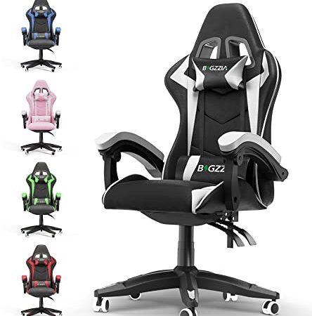 bigzzia Gaming Stuhl Ergonomisch Gaming Chair mit Lendenkissen und Kopfstütze, Gamer Stuhl Höhenverstellbar, Pc Stuhl für Erwachsene Mädchen Junge, Schwarz-weiß