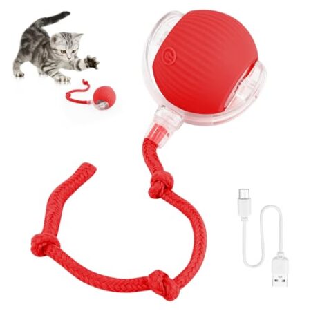 KEWUZY Katzenspielzeug Elektrisch mit LED Licht, Interaktives Katzenspielzeug, 360-Grad-Ball Automatischer Modellierung Katzenball mit Seil, USB Wiederaufladbarer