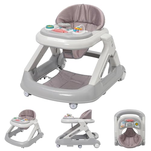 5 in 1 Lauflernhilfe,2-stufige Höhenverstellung,5-stufige Sitzverstellung,mit Abnehmbarem Tablett und Musik,360°-Drehrollen mit Bremsen,Baby Walker ab 6 Monaten Geeignet