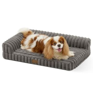 COZY KISS Orthopädisches Hundebett für Mittelgroß Hunde – 76x51x15cm Wasserdichtes Hundesofa, Waschbarer und Abnehmbarer Cordbezug Hundecouch, Weich Kunstfell Hundekorb, Wärmend, L Form, Grau