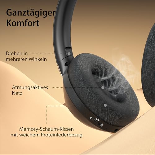 Lankey Sound Kopfhörer Kabellos Bluetooth, Over Ear Kopfhörer Noise Cancelling, 100 Std Spielzeit 5.3 Bluetooth Kopfhörer mit ANC Modus, Hi-Res Audio, Tiefer Bass, Schwarz – Bild 6