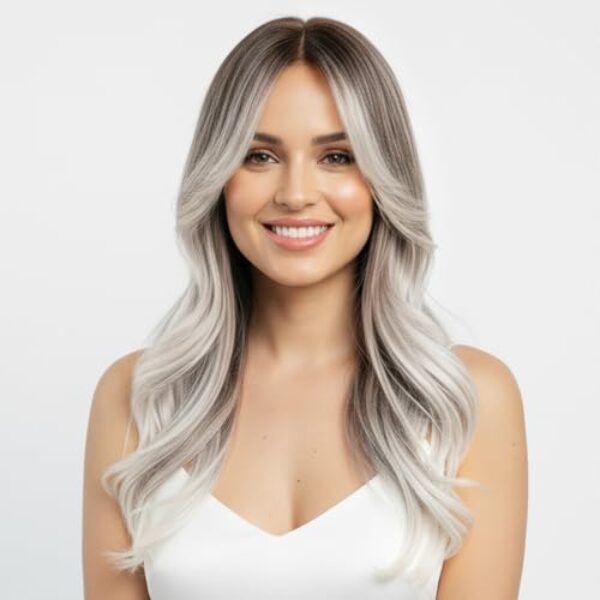 Simkaylee Lange Gewellte Braun-Silbergrau Ombre Perücke mit Dunklem Ansatz für Damen Locken Gemischte Silberne Graue Synthetische Haarperücken für Frauen Karneval Fasching Party Alltag Cosplay (60 cm)