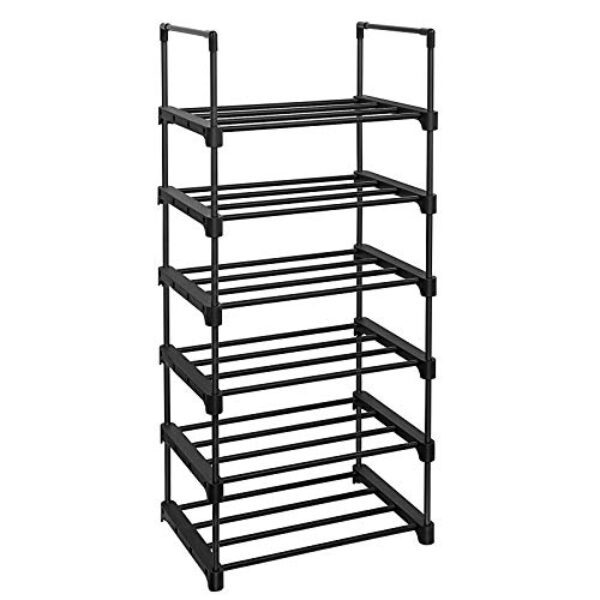 SONGMICS Schuhregal mit 6 Ebenen, offener Schuhschrank hoch, Schuhständer schmal, Schuhaufbewahrung, aus Metall, platzsparend, für Ankleidezimmer, Flur, 30 x 45 x 106 cm, schwarz LSA23BK