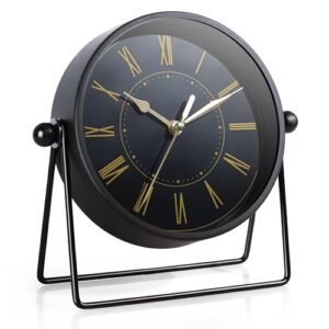 AYRELY® Vintage Metall-Tischuhr – Leise Kaminuhr ohne Ticken mit verstellbarem Winkel, Analoge Standuhr im Retro-Stil für Wohnzimmer, Regal, Kamin & Büro (Schwarz/Gold)