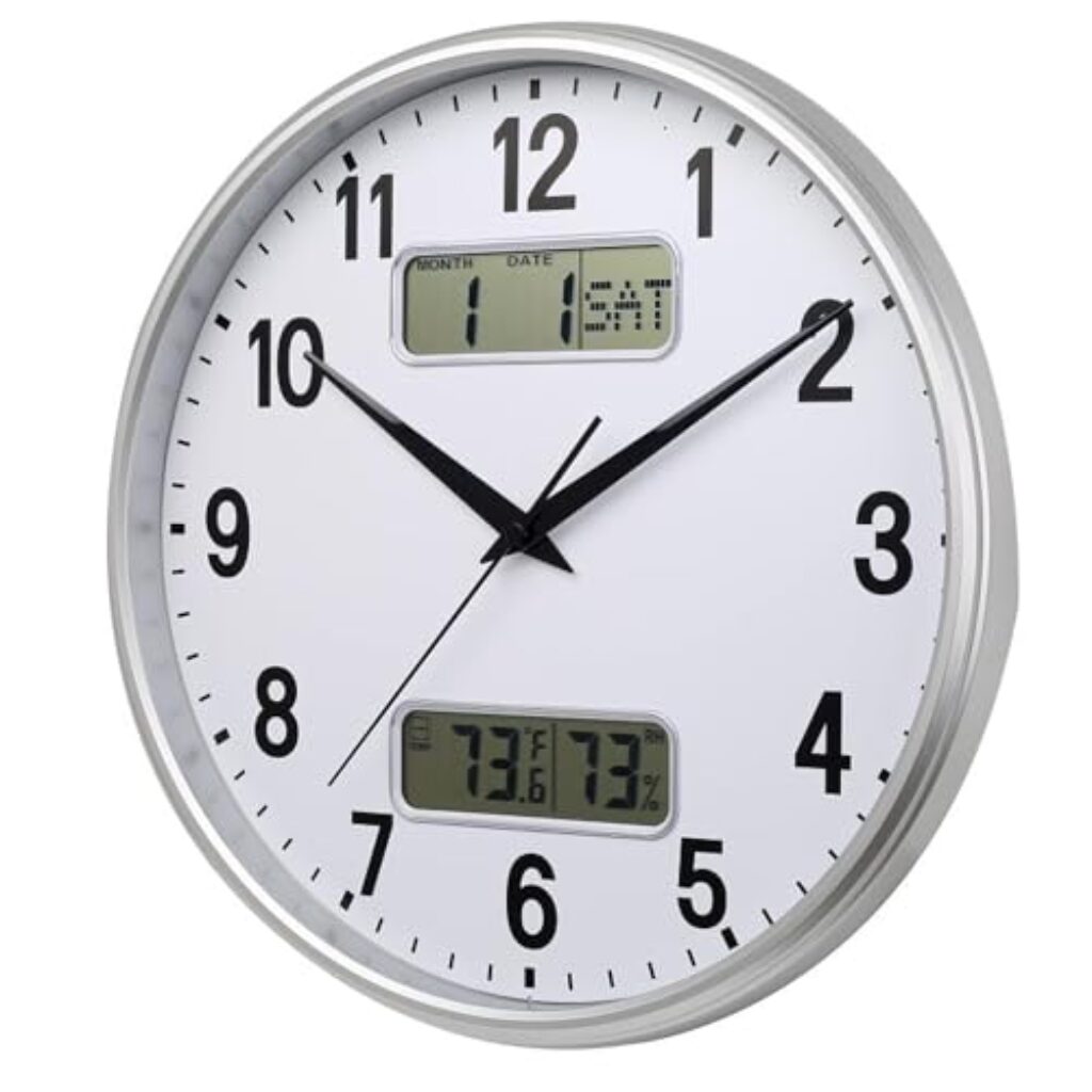 HZDHCLH 33cm Funkuhr Digitale, Anzeige von Temperatur, Luftfeuchtigkeit, Kalender, Modernes Design, Geeignet Für Zuhause, Büro, Schule(Weißsilber)