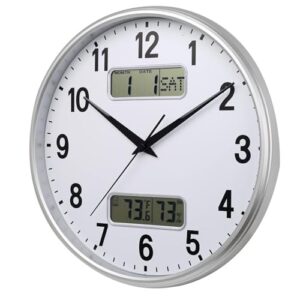 HZDHCLH 33cm Funkuhr Digitale, Anzeige von Temperatur, Luftfeuchtigkeit, Kalender, Modernes Design, Geeignet Für Zuhause, Büro, Schule(Weißsilber)