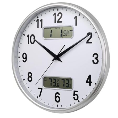 HZDHCLH 33cm Funkuhr Digitale, Anzeige von Temperatur, Luftfeuchtigkeit, Kalender, Modernes Design, Geeignet Für Zuhause, Büro, Schule(Weißsilber)