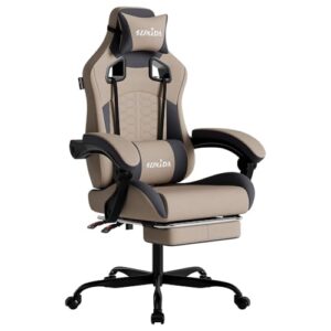 SUKIDA Gaming Stuhl, Ergonomischer Gaming-Stuhl mit Fußstütze, Racing Gaming Chair Kopfstütze Verstellbarer Computerstuhl Höhenverstellbar Lendenwirbelstütze für Homeoffice und Gaming Beige