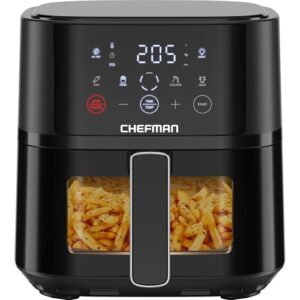 Chefman Heißluftfritteuse – 3,75 l kompakte Heissluftfritteuse für schnelle Mahlzeiten, mit Hi-Fry Technologie, Sichtfenster, Touch Controls, antihaftbeschichtet und spülmaschinenfest – Schwarz
