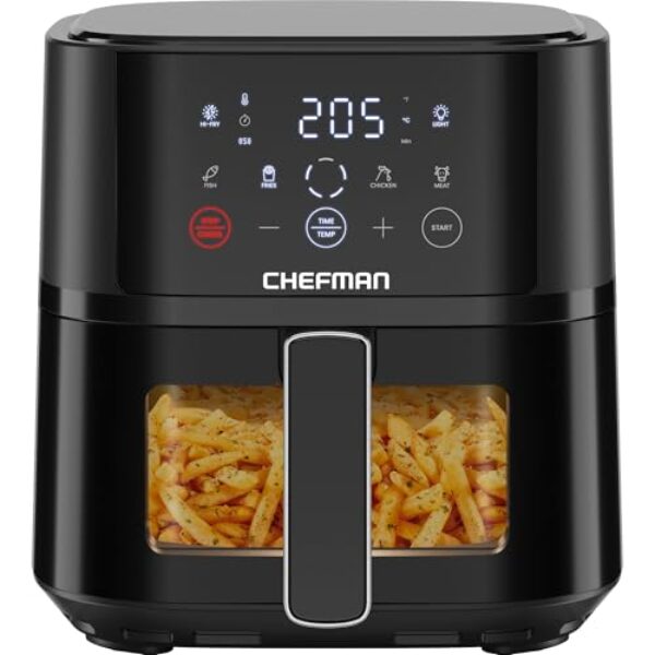 Chefman Heißluftfritteuse – 3,75 l kompakte Heissluftfritteuse für schnelle Mahlzeiten, mit Hi-Fry Technologie, Sichtfenster, Touch Controls, antihaftbeschichtet und spülmaschinenfest – Schwarz