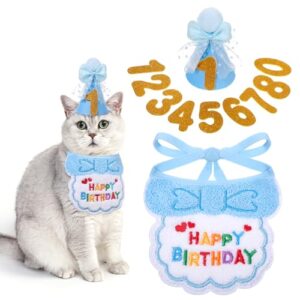 Katzen Geburtstag 3 Stück, Hunde-Geburtstag mit 9 Bling Nummern, Hundegeburtstag Blau Bandana Katzen Geburtstag Deko für Mädchen Jungen Kätzchen Geburtstagsmütze Deko