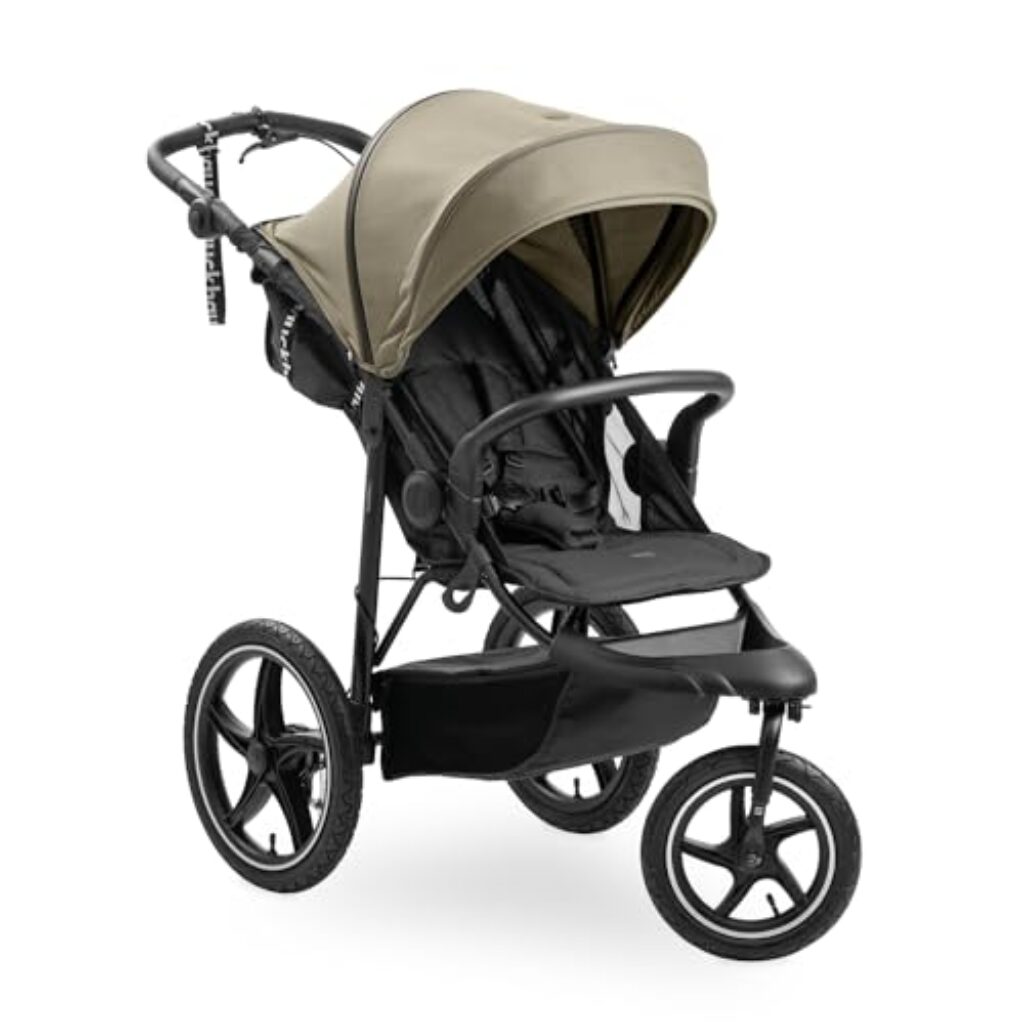 hauck Runner 3, Olive – Dreirad Kinderwagen Buggy mit XL Lufträder, Federung, Handbremse, XL Sonnenverdeck, Netzfenster, Korb mit Deckel, Liegeposition, Getränkehalter, ab Geburt bis 22 kg